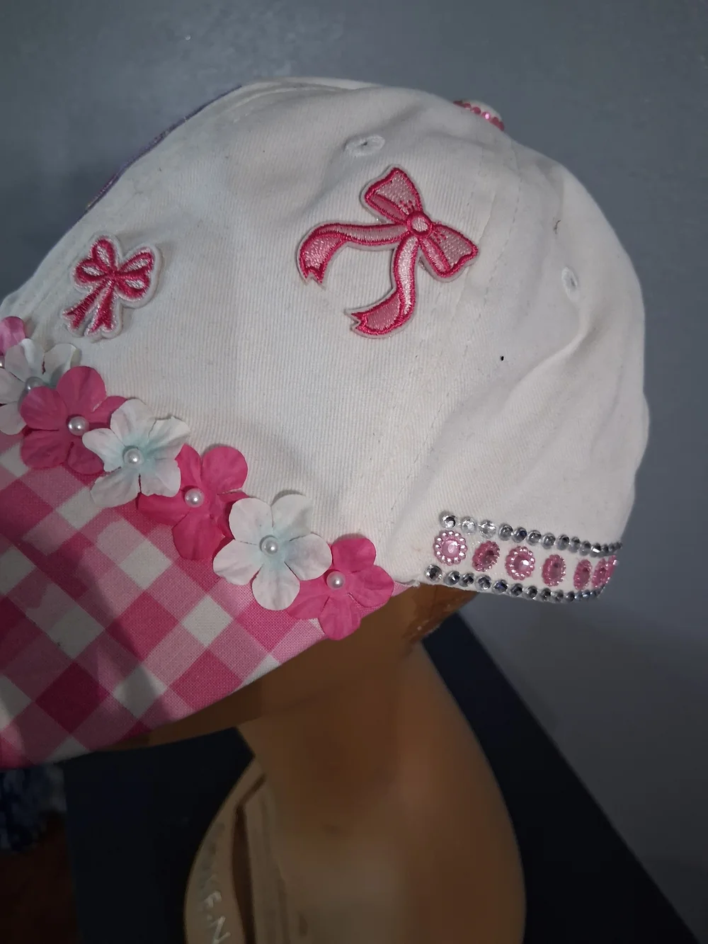 Hand Crafted White Pink Embellished Baseball Cap